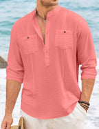 Macsivo Cotton Blend Solid Casual Short Kurta For Men Long Sleeve Mandarin Collar Stylish Shirt Kurta For Men Peach