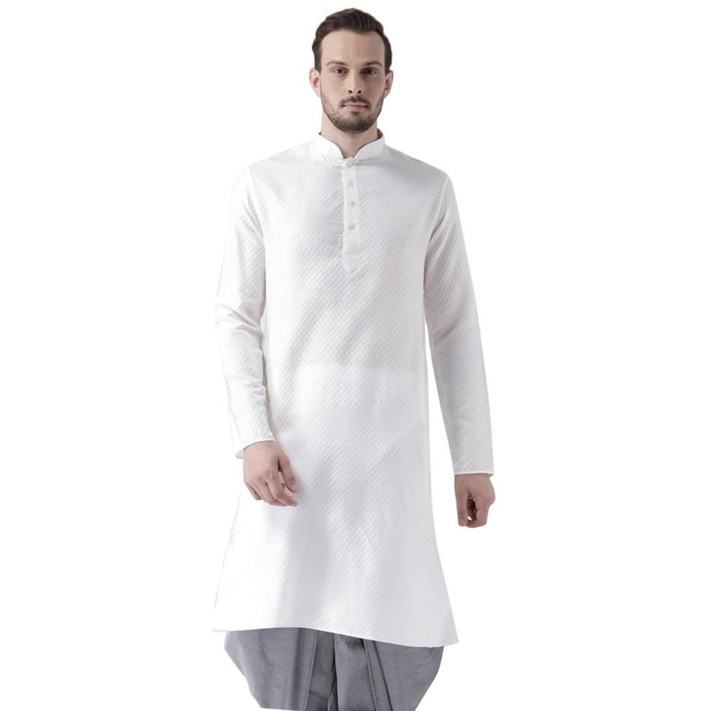 Kisah Men White Woven Design Straight Kurta Full Sleaves, Knee Length, Straight, Regular Fit, Mandarin Collar Ethnic Casual Wear