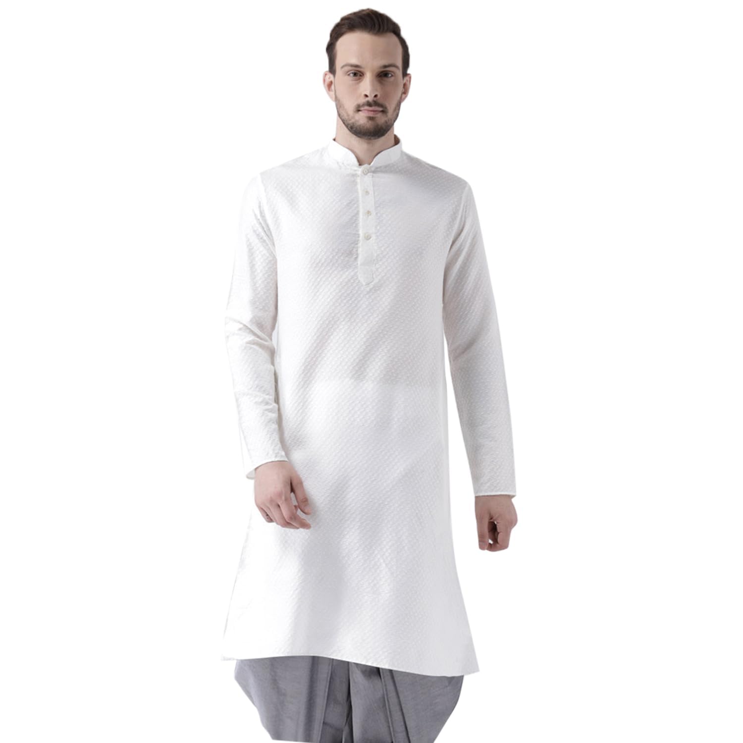 Kisah Men White Woven Design Straight Kurta Full Sleaves, Knee Length, Straight, Regular Fit, Mandarin Collar Ethnic Casual Wear