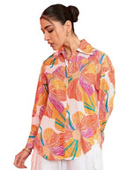 Sugathari Womens Orange Print Sunset Floral Oversized Cotton Shirt  Casual Vacation Wear with Balloon Sleeves & Button-Down Fro
