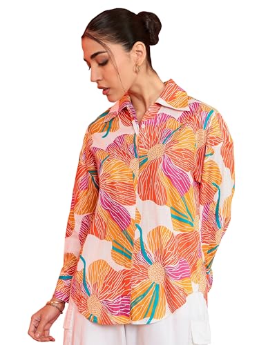 Sugathari Womens Orange Print Sunset Floral Oversized Cotton Shirt  Casual Vacation Wear with Balloon Sleeves & Button-Down Fro