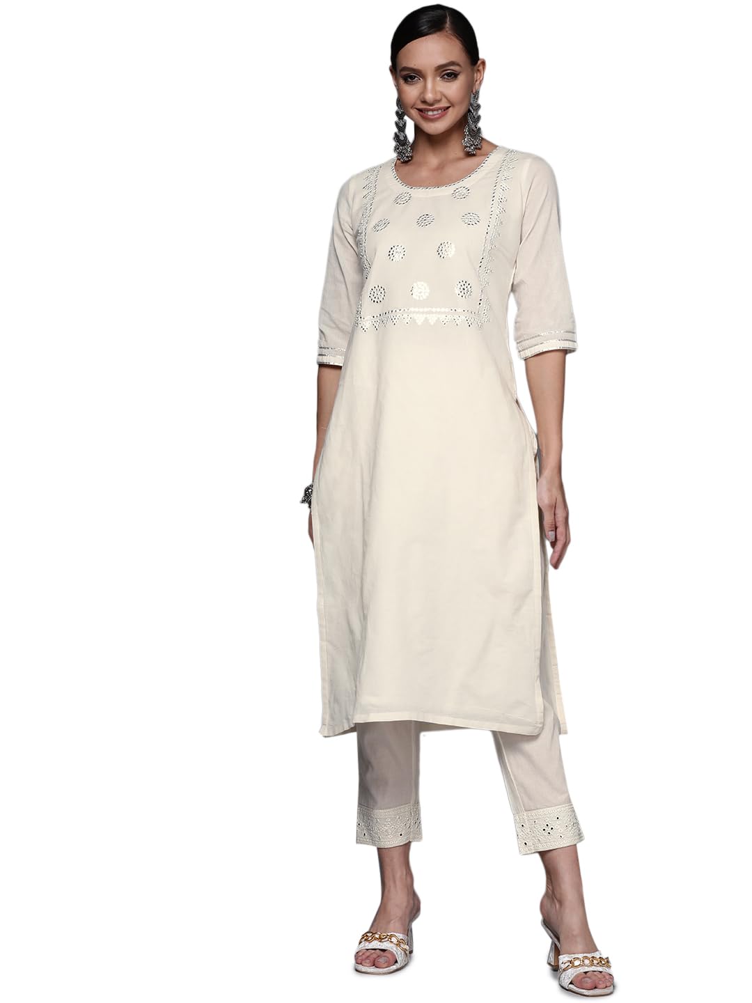 Libas WomenS Cotton Yoke Design Straight Fit Kurta (24044O_Off White, Medium