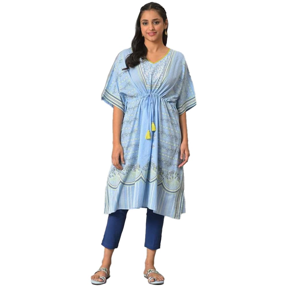Aurelia Printed Cotton V Neck Women'S Kurta (Blue, Free Size)