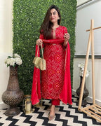 ANNI DESIGNER Womens Rayon Blend Bandhani Printed Straight Fit Kurta with Pant & Dupatta (Turae-Red_S_Red_Small)