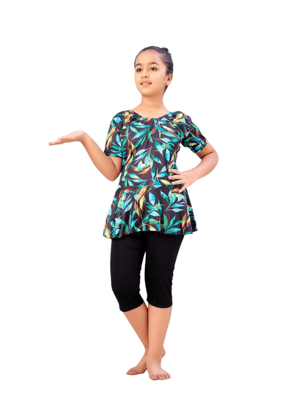 Aarika Girls Sports Wear Black-Green Colour Floral Print Nylon Swim Suit (5-15 Years)-(SW-SHM-C-1121)