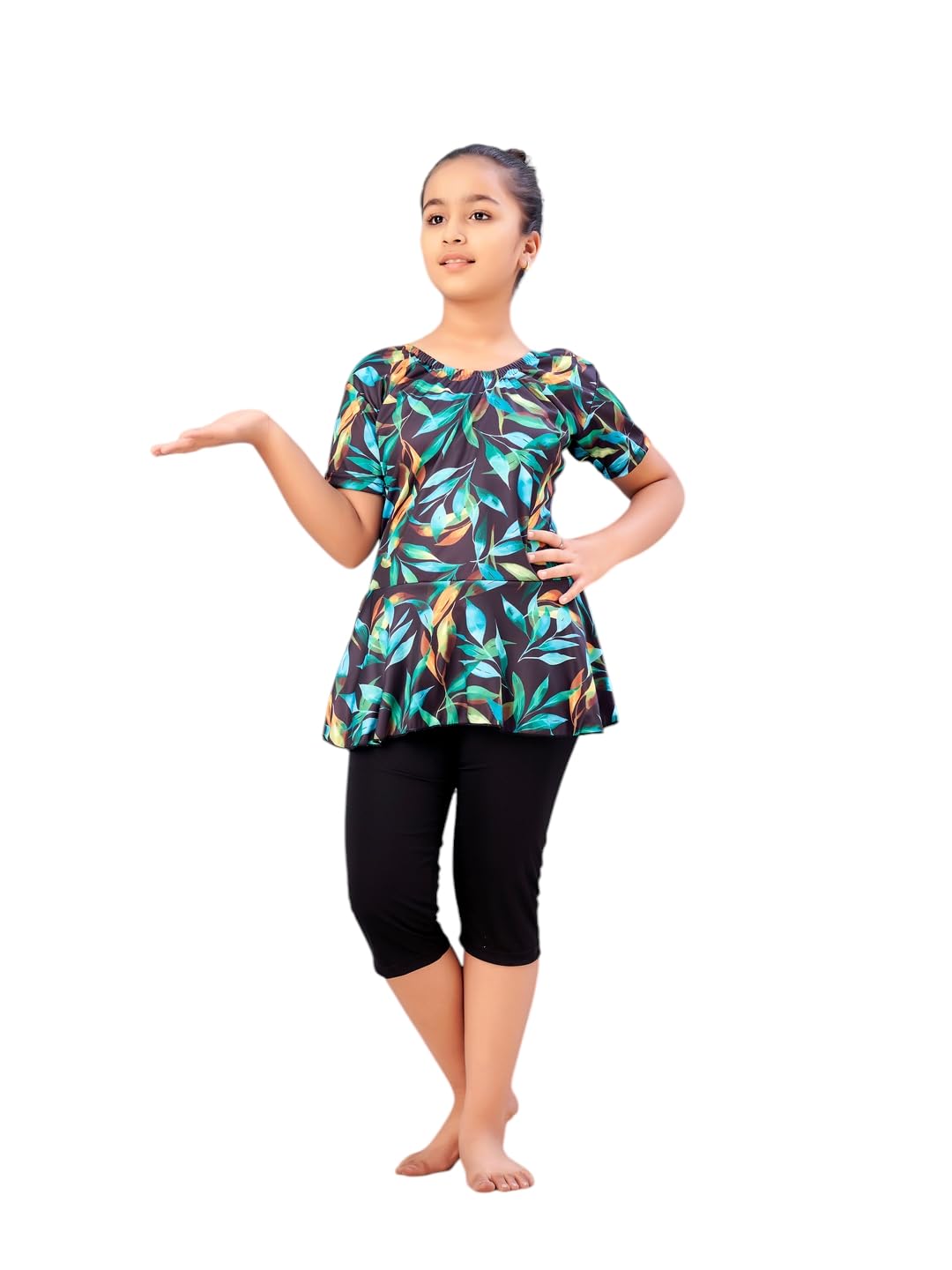 Aarika Girls Sports Wear Black-Green Colour Floral Print Nylon Swim Suit (5-15 Years)-(SW-SHM-C-1121)