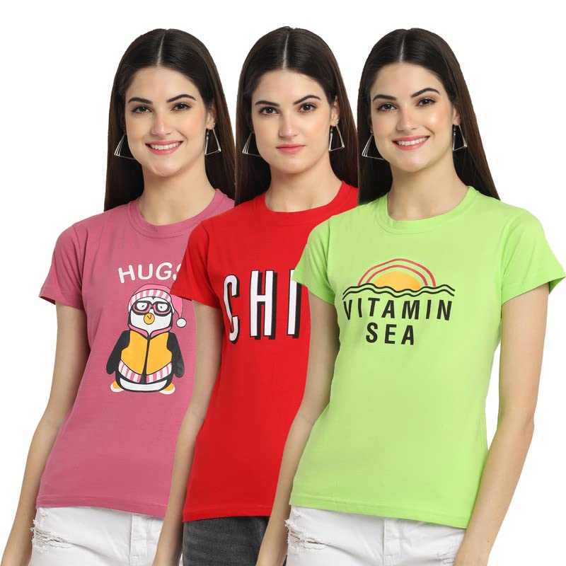 Preneum Womens Cotton Regular Fit Latest Graphic Stylish Printed Short Sleeves Casual T-Shirt || Latest Trendy & Styles (Pack 3