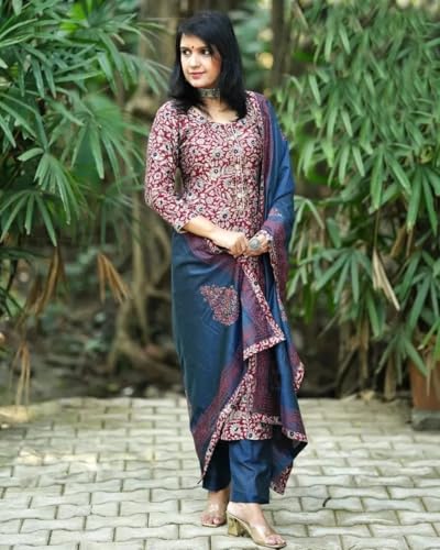 ANNI DESIGNER Womens Rayon Blend Straight Printed Kurta with Pant & Dupatta (Parimat Red_L_Red_Large)