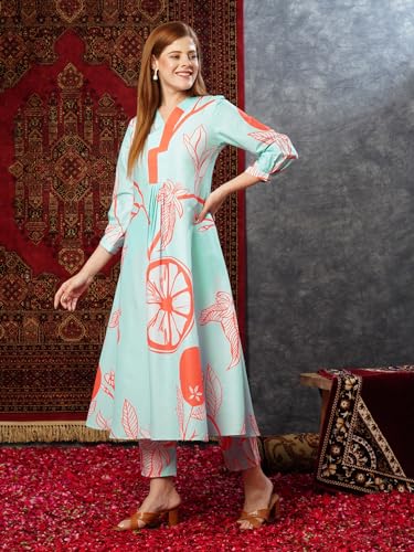 ANNI DESIGNER Womens Cotton Blend Anarkali Printed Kurta with Pant (Santra Orange-JL_S_Orange_Small)
