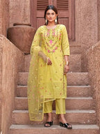 Womanista WomenS Pure Cotton Kurta With Trouser & Dupatta (Kurtaset_1414_Yellow