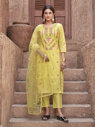 Womanista WomenS Pure Cotton Kurta With Trouser & Dupatta (Kurtaset_1414_Yellow