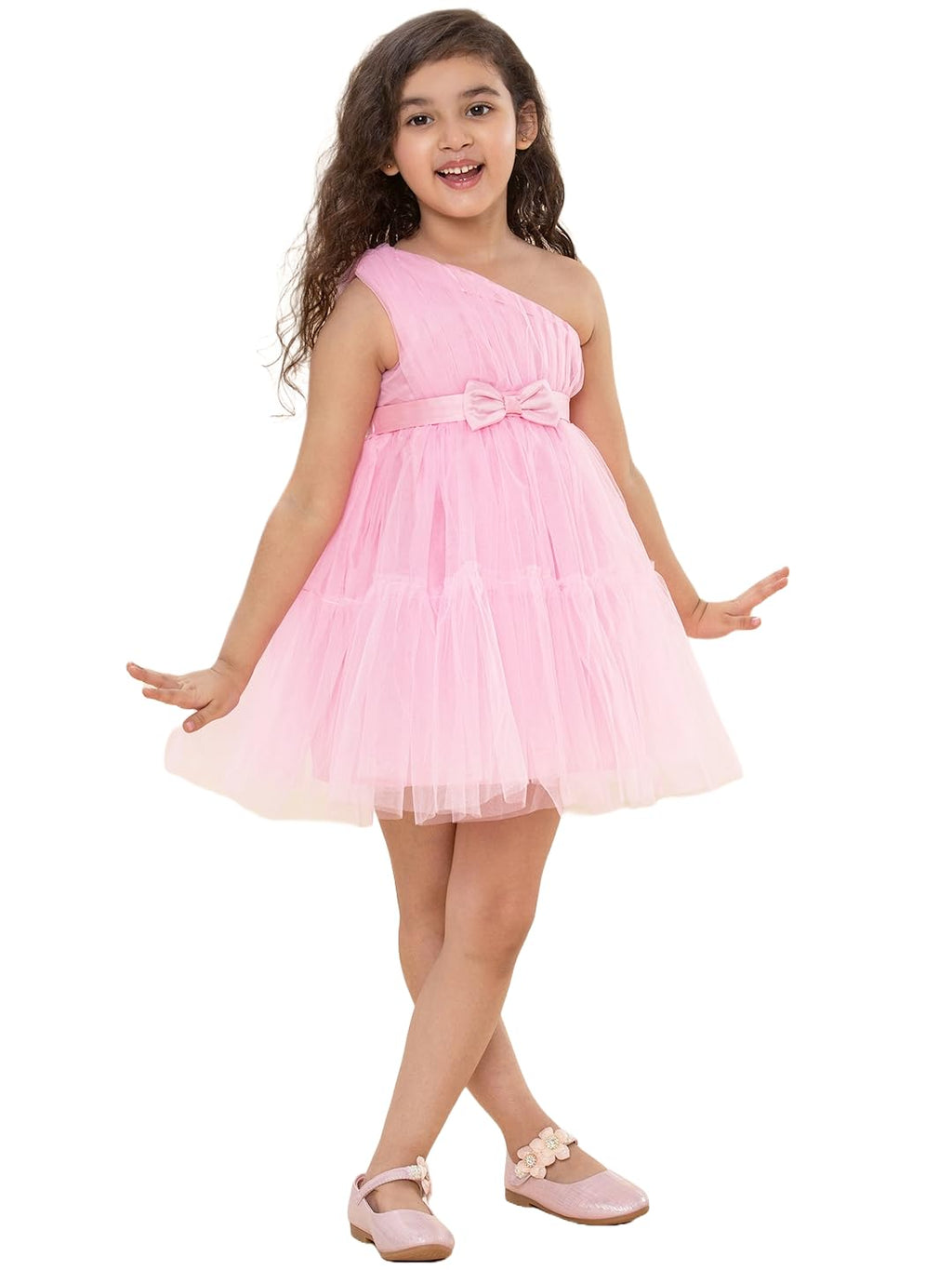 A.T.U.N. (ALL THINGS UBER NICE) Girls One Shoulder Birthday Princess Bow Dress for Kids 1-10Y Pink