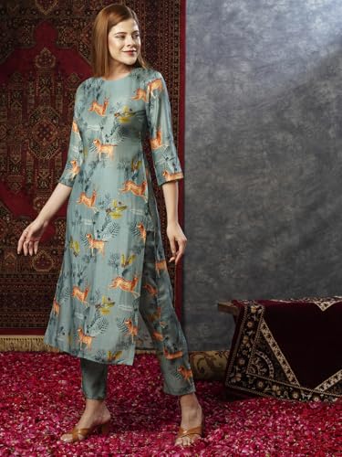ANNI DESIGNER Womens Cotton Blend Straight Printed Kurta with Pant (Haribala Pista_S_Pista_Small)