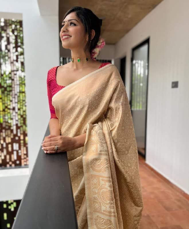 Flosive Womens Present Banarasi Soft Lichi Silk Saree Beautiful Jacquard Rich Pallu Design Work Zari Woven Kanjivaram Silk Styl