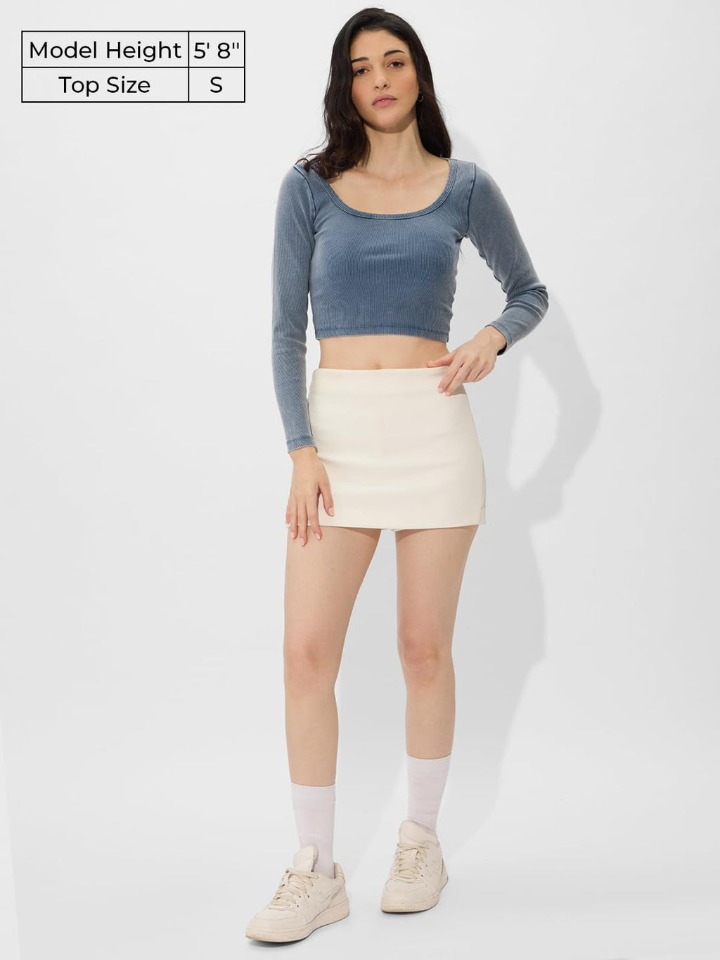 The Souled Store Solids: Acid Wash Blue Women and Girls Long Sleeves Square Neck Cotton Blend Slim Fit Cropped Tops