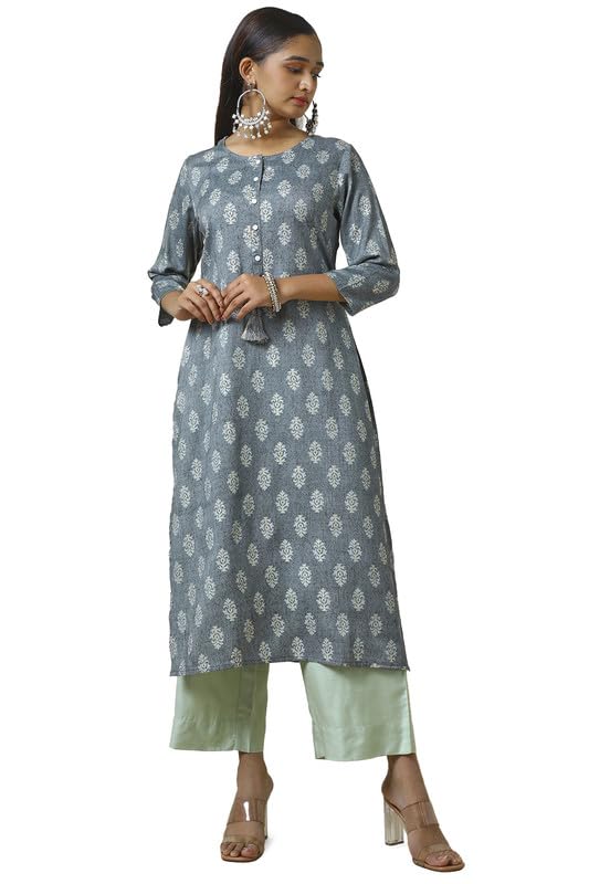 Soch Womens Grey Rayon Foil Print Kurta With Tassels