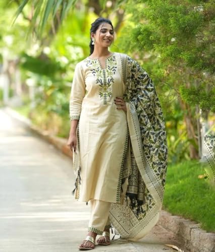 ANNI DESIGNER Womens Rayon Blend Straight Embroidered Kurta with Pant & Dupatta (Pamposh Cream_XL_Cream_X-Large)