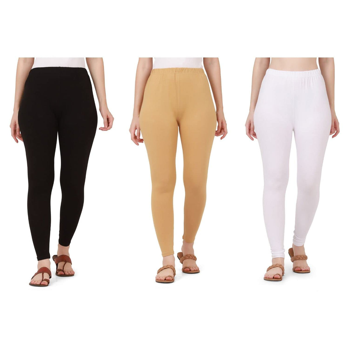 Skinny Solid Pure Cotton Ankle Length Women Leggings Pant ComboPack Of 3 (Black Beige White, Medium)
