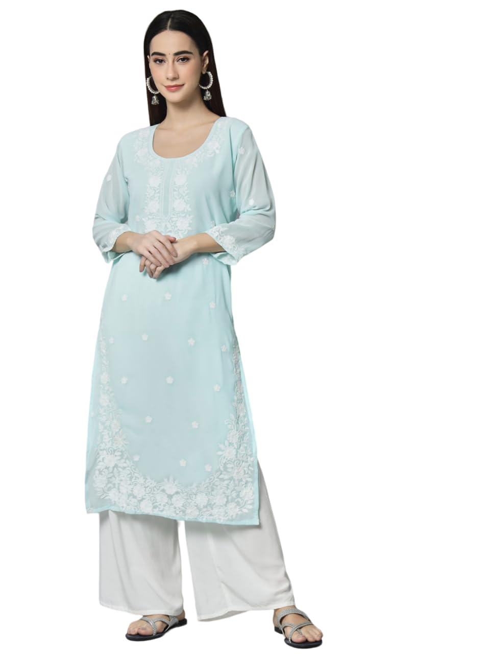 Ekasya Womens Georgette Straight Cut Round Neck Kurta with Beautiful Floral Lucknowi Work (E1542) Sky
