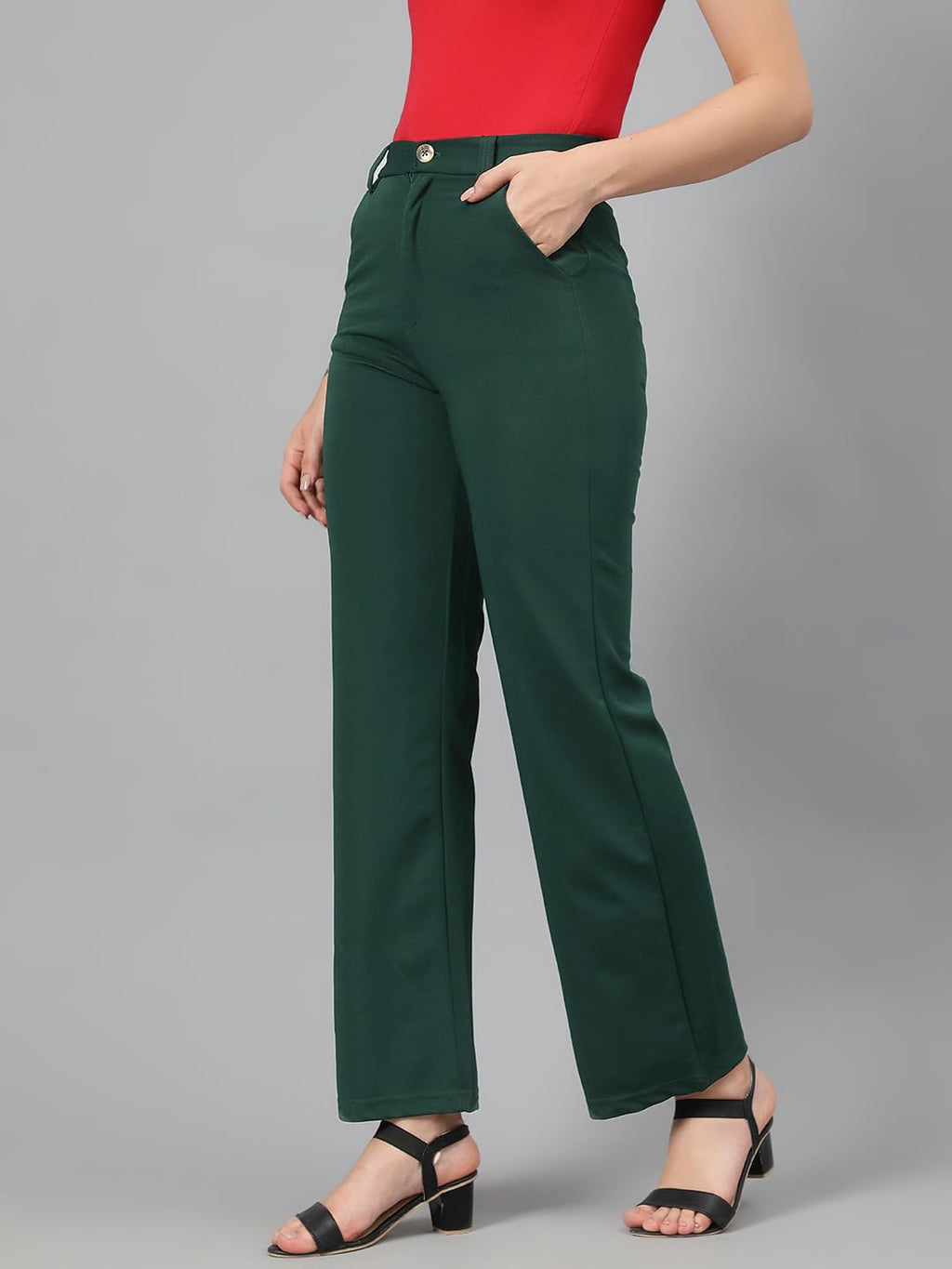 Kotty WomenS High Rise Cotton Blend Relaxed Fit Trousers Bottle Green