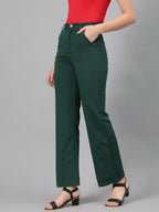Kotty WomenS High Rise Cotton Blend Relaxed Fit Trousers Bottle Green