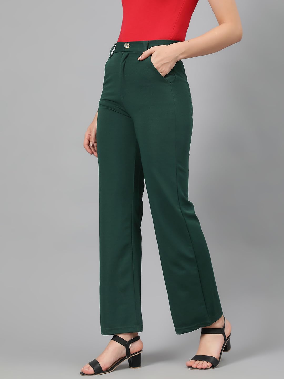 Kotty WomenS High Rise Cotton Blend Relaxed Fit Trousers Bottle Green