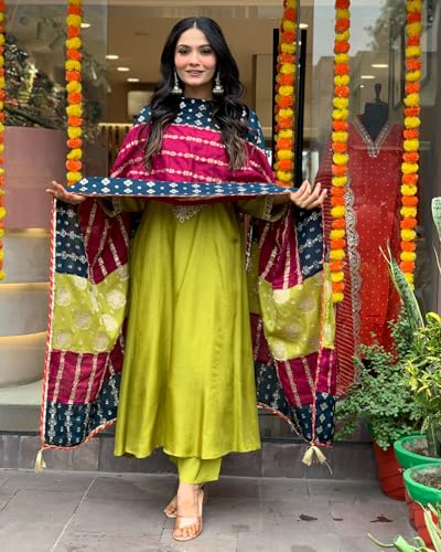 ANNI DESIGNER Womens Rayon Viscose Embroidered Anarkali Kurta with Pant & Dupatta (JENNU Mehandi_M_Mehandi_Medium)