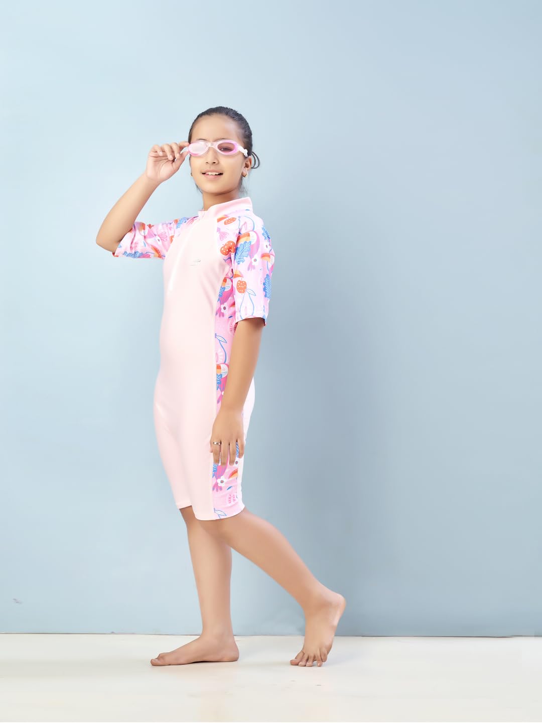 Aarika Girls Sports Wear Pink Colour Floral Print Nylon Swim Suit (4-15 Years)-(SW-SHM-AB-617)