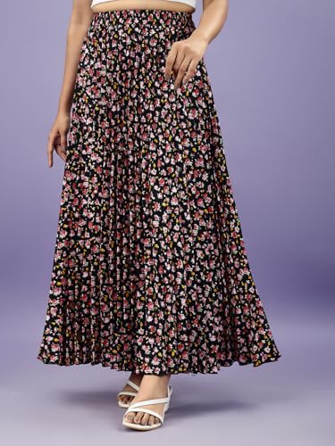 Kzully | Stylish And Beautiful Floral | Floral Pleated Maxi Skirts For Women | Long Skirts Elastic Waist Black-Rose
