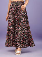 Kzully | Stylish And Beautiful Floral | Floral Pleated Maxi Skirts For Women | Long Skirts Elastic Waist Black-Rose