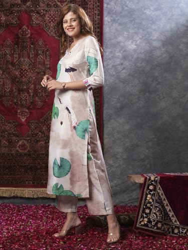 ANNI DESIGNER Womens Cotton Blend Straight Printed Kurta with Palazzo (Swans Peach_XXL_Peach_XX-Large)