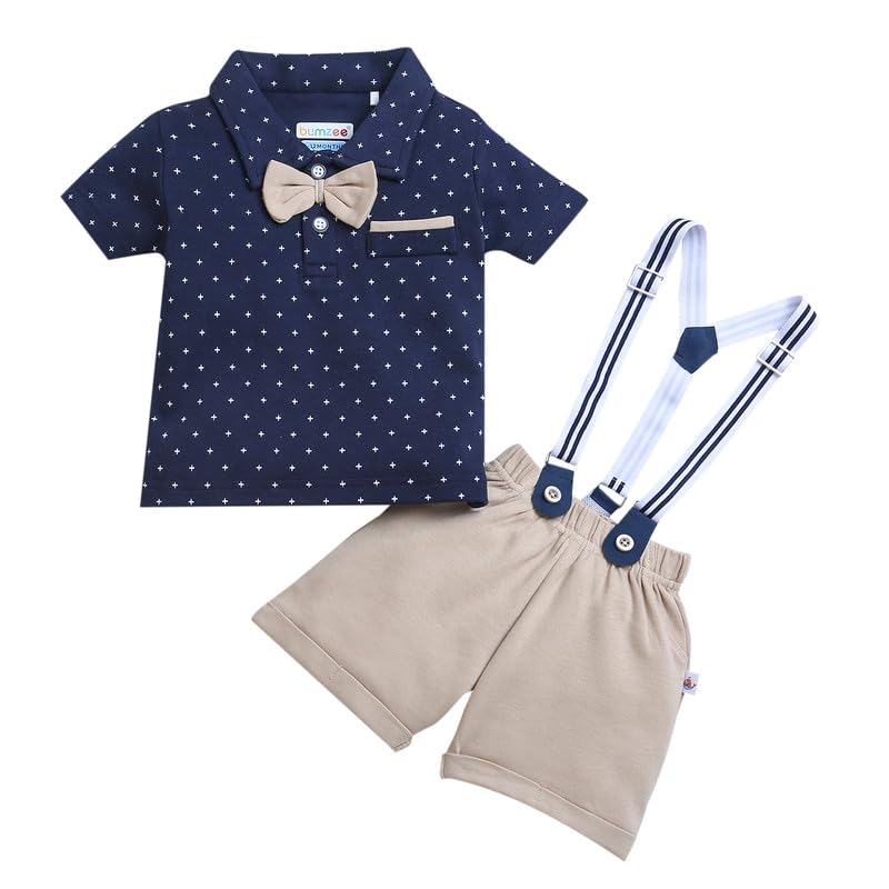 BUMZEE Cotton Beige & Navy Boys Half Sleeves Printed T-Shirt & Short Set With Bow Suspender Age - 2-3 Years