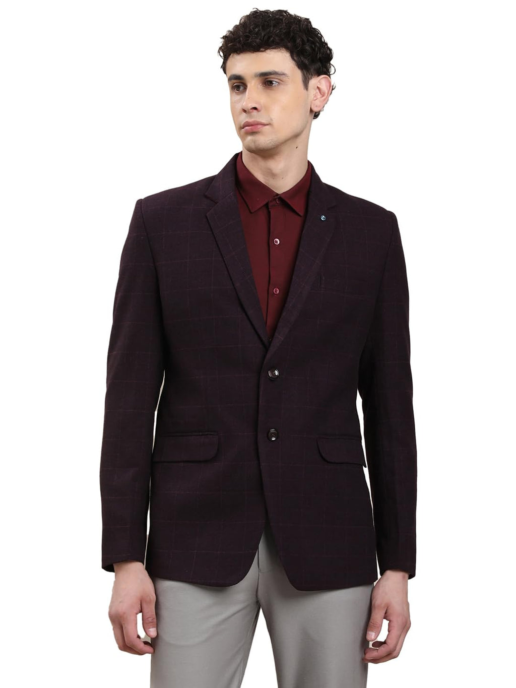 Turtle Men Polyviscose Checkered Tailored Fit Purple Casual Blazer