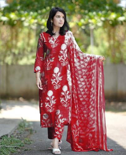 ANNI DESIGNER Womens Rayon Blend Floral Straight Kurta with Pant & Dupatta (Zuri Purple_Red_XX-Large)