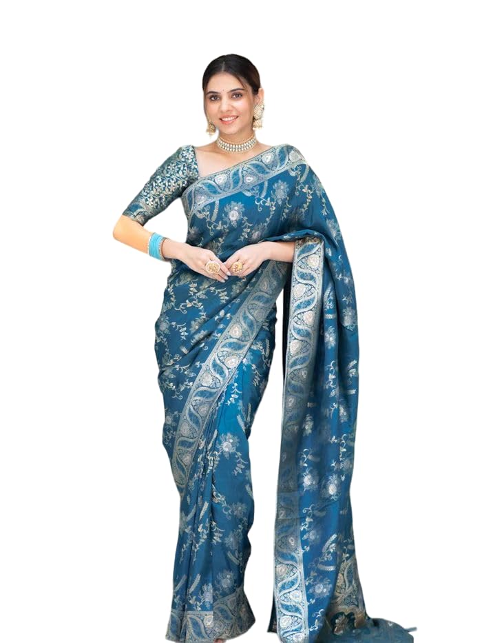 Flosive Womens Kanjivaram Silk Saree With Weaving Work Gold Zari With Blouse Piece (TEAL BLUE)