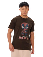 The Souled Store Official Deadpool: Lets Kick Bad Guys Men and Boys Short Sleeves Round Neck Brown Graphic Printed Regular Fit 