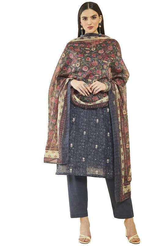 Soch Women Chanderi Floral Print and Zari Embroidered Suit Set with Dupatta