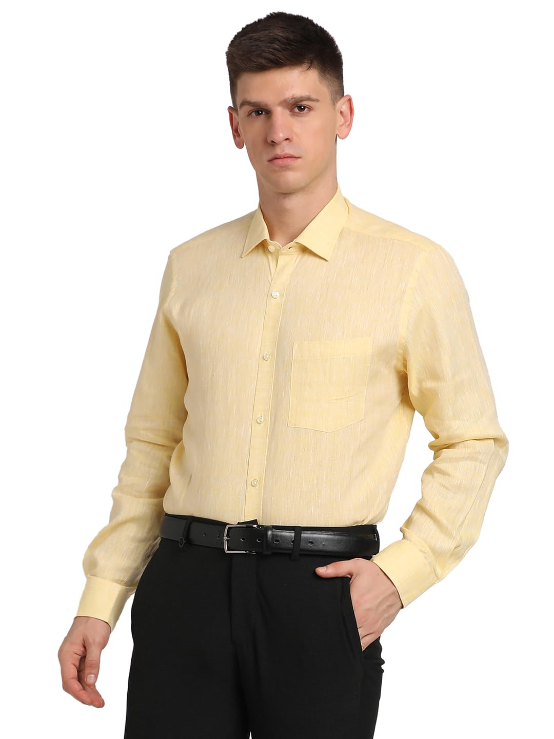 Turtle Men Pure Linen Regular Fit Light Yellow Solid Formal Shirt