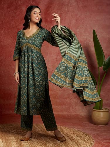 Libas Green Printed Cotton A-Line Kurta With Trousers & Dupatta