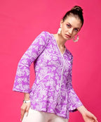 POPWINGS Casual Lavender Floral Printed A-Line Peplum Style Top for Women | V-Neck Cotton Full Sleeves Top for Women