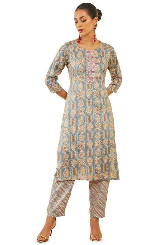 Soch Womens Grey Rayon Floral Print Round-Neck Straight Kurta Set