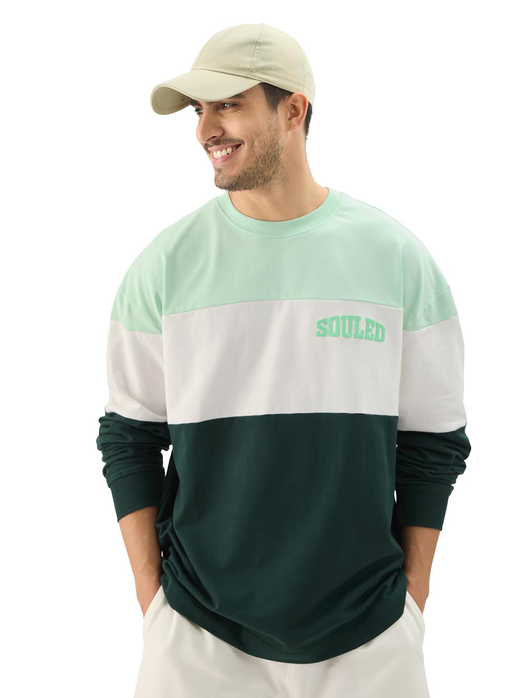 The Souled Store Jasper Men and Boys Round Neck Green and White Colorblock Full Sleeve Oversized T-Shirts Oversized Mens T-Shir