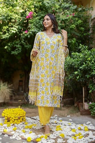 Lookmark Kurta Set: Fashion That Echoes Tradition: Make A Style Statement With Our Cotton Blend Kurti Pant Dupatta Sets! Yellow