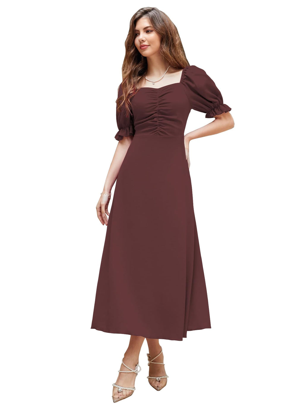 Shasmi GirlS & WomenS Solid Brown A-Line Ruched Puff Sleeve Maxi Long Evening One Piece Long Dress For Women Stylish (Dress 13