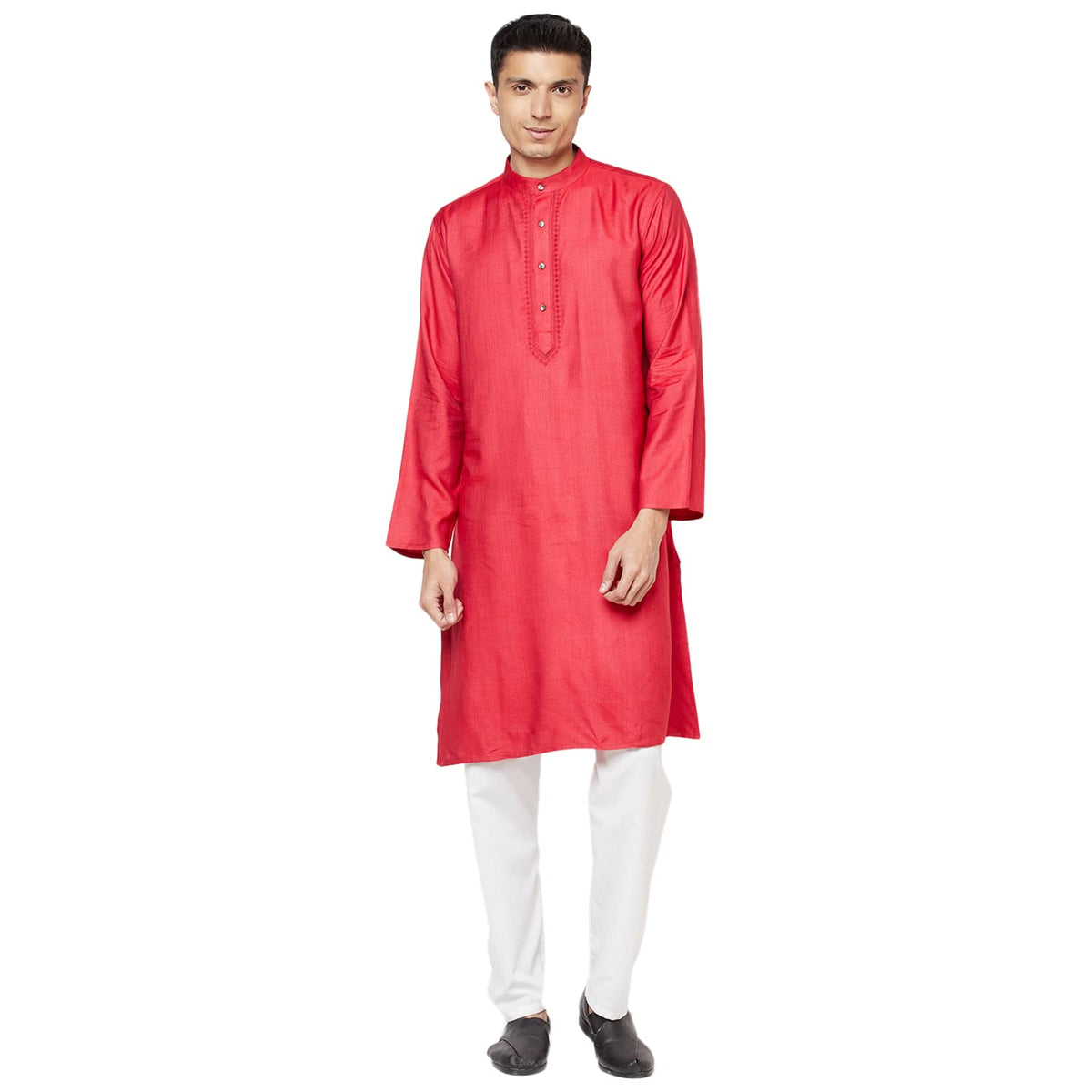 Fabindia Men Viscose Silk Embroidered Placket Long Kurta Red_S