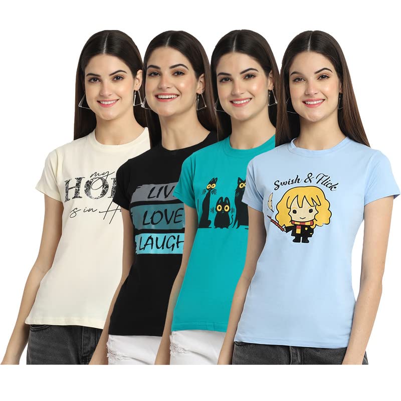 Preneum Womens Cotton Regular Fit Latest Graphic Stylish Printed Short Sleeves Casual T-Shirt || Latest Style (Pack 4), Beige &