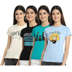Preneum Womens Cotton Regular Fit Latest Graphic Stylish Printed Short Sleeves Casual T-Shirt || Latest Style (Pack 4), Beige &