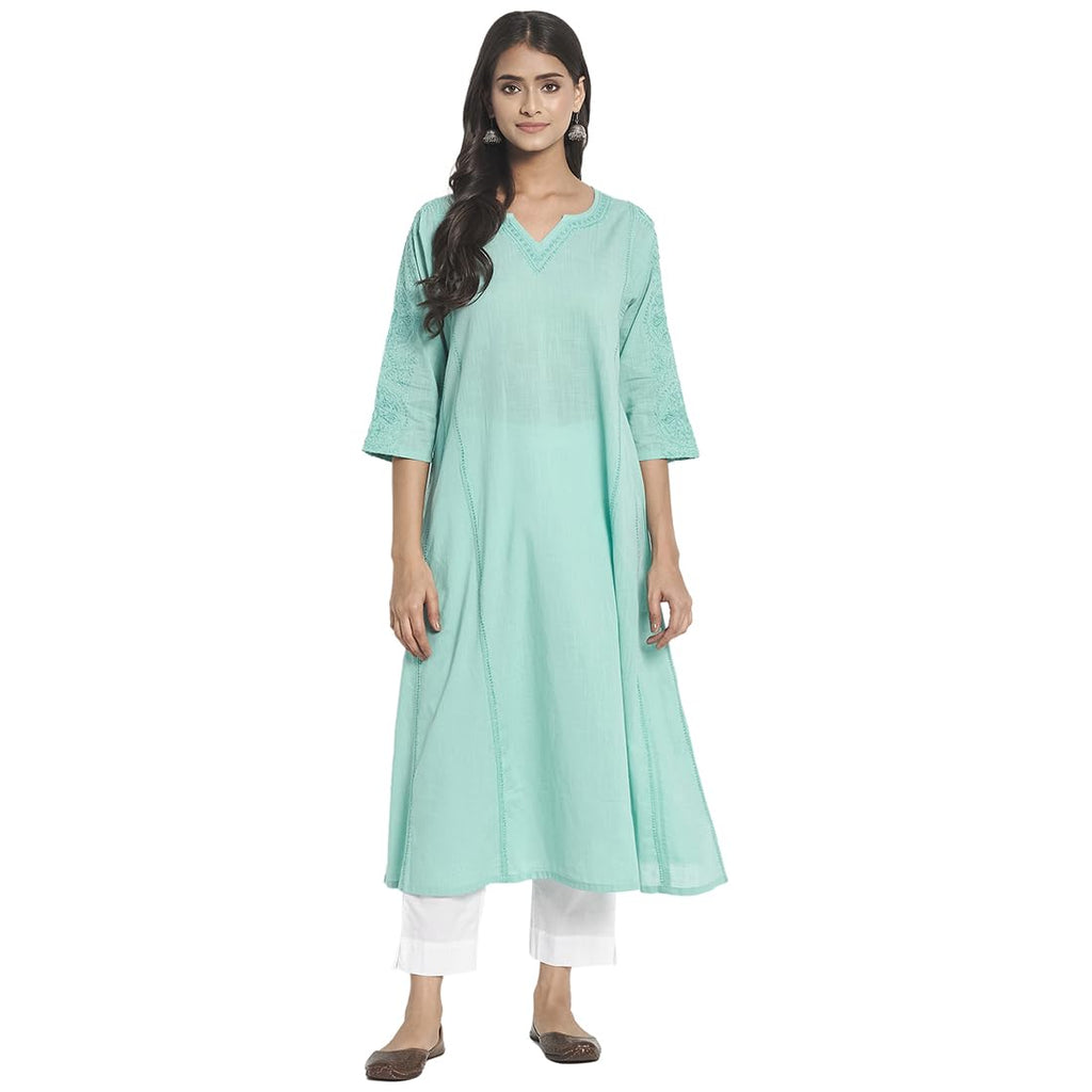 Fabindia Women Cotton Chikankari Long Regular Fit Kurta Blue_L