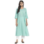 Fabindia Women Cotton Chikankari Long Regular Fit Kurta Blue_L