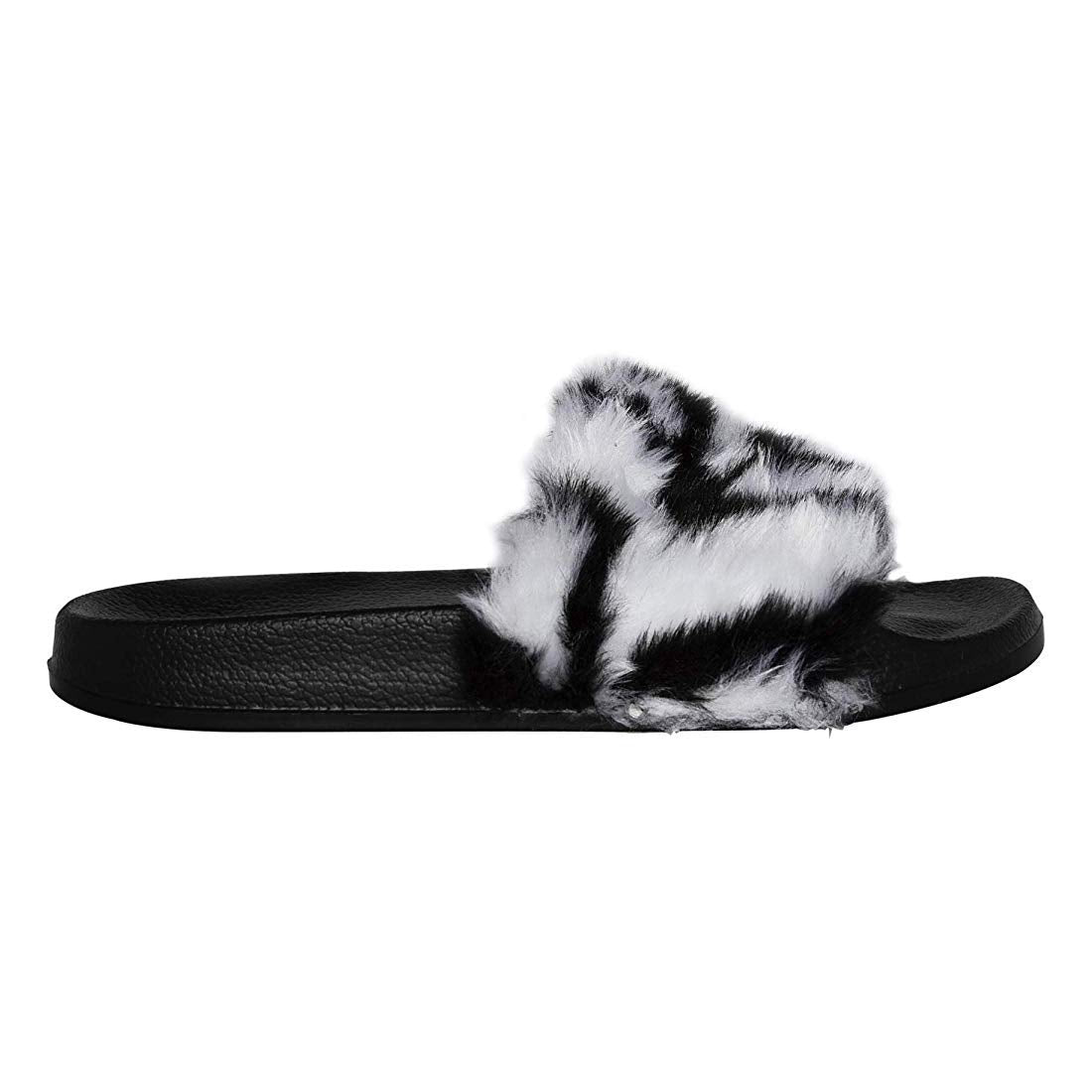 Luxe Faux Fur 676685048134 0.91 in. Sheepskin Slide Slippers - Zebra with Black Sole